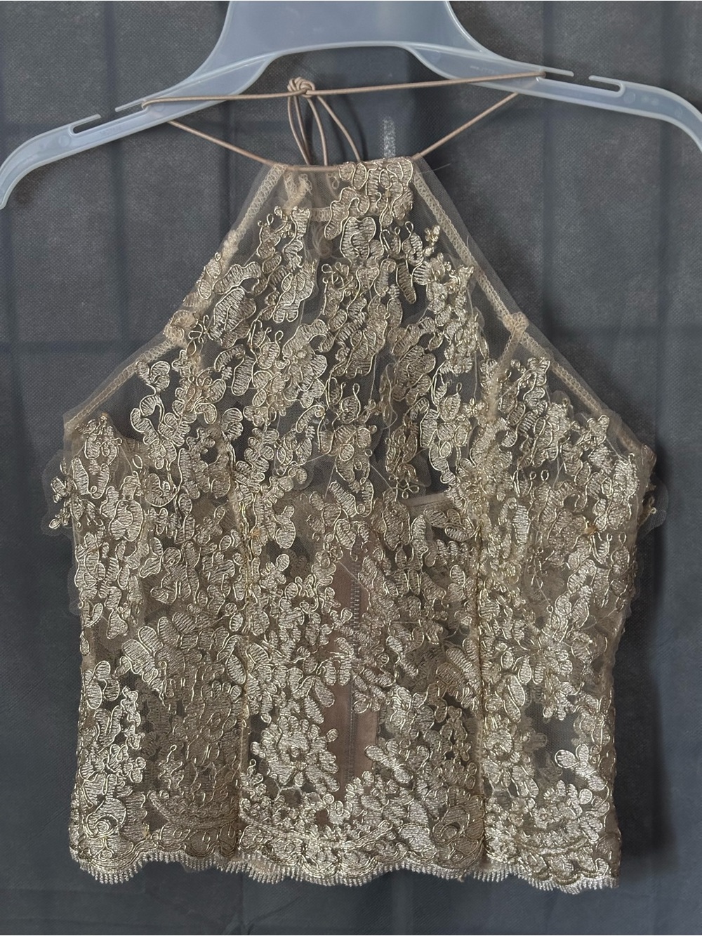 Fashion Women’s Floral Lace Halter Crop Top Gold Very Ornate Size S Zip Back